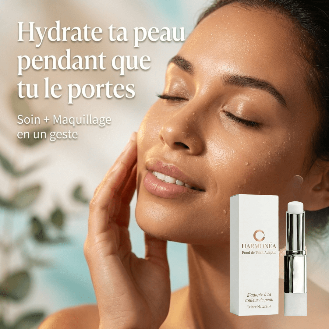 Fond de teint adaptatif Harmonea texture légère | fond de teint appliqué sur peau naturelle | résultat maquillage teint uniforme | flacon fond de teint Harmonea produit | fini lumineux maquillage visage | application fond de teint sans traces