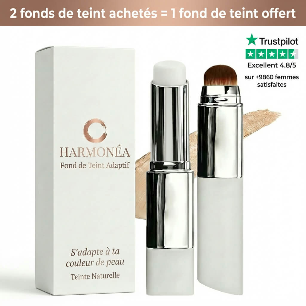 Fond de teint adaptatif Harmonea texture légère | fond de teint appliqué sur peau naturelle | résultat maquillage teint uniforme | flacon fond de teint Harmonea produit | fini lumineux maquillage visage | application fond de teint sans traces