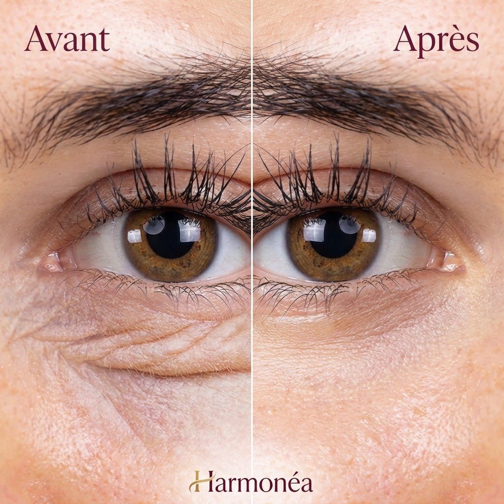 Patch regard Harmonéa contour des yeux | patch hydrogel appliqué sous les yeux | soin anti cernes et poches résultat | patch yeux texture gel rafraîchissant | application patch regard beauté | produit patch yeux Harmonéa emballage