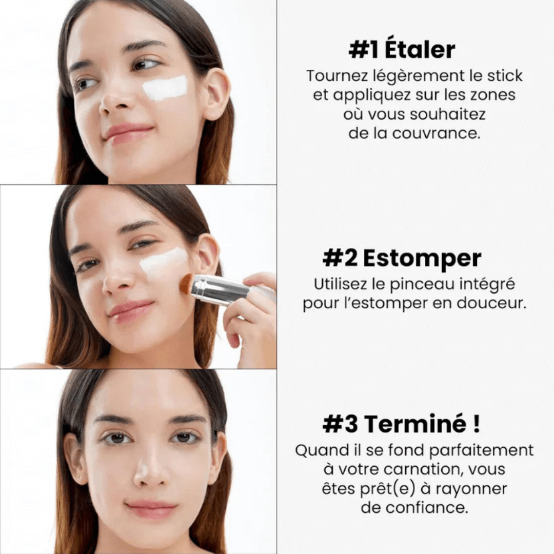 Fond de teint adaptatif Harmonea texture légère | fond de teint appliqué sur peau naturelle | résultat maquillage teint uniforme | flacon fond de teint Harmonea produit | fini lumineux maquillage visage | application fond de teint sans traces