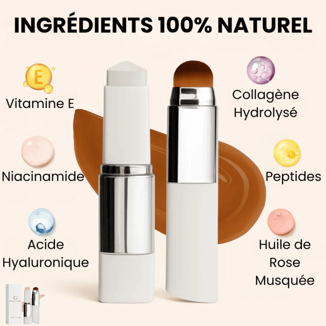 Fond de teint adaptatif Harmonea texture légère | fond de teint appliqué sur peau naturelle | résultat maquillage teint uniforme | flacon fond de teint Harmonea produit | fini lumineux maquillage visage | application fond de teint sans traces